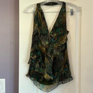 Haute Hippie Silk Peacock Feather Halter Top